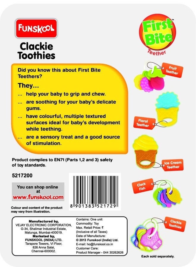 جيجلز لعبة Funskool Giggles، Clackie Toothies، عضاضة للأطفال لتهدئة لثتهم، سهلة الإمساك والمضغ، مناسبة للأطفال من عمر 3 أشهر فما فوق، ألعاب للأطفال الرضع - Image 3
